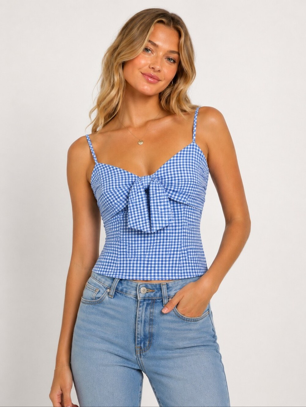 Sienna Sky Blue Gingham Tie-Front Cami
